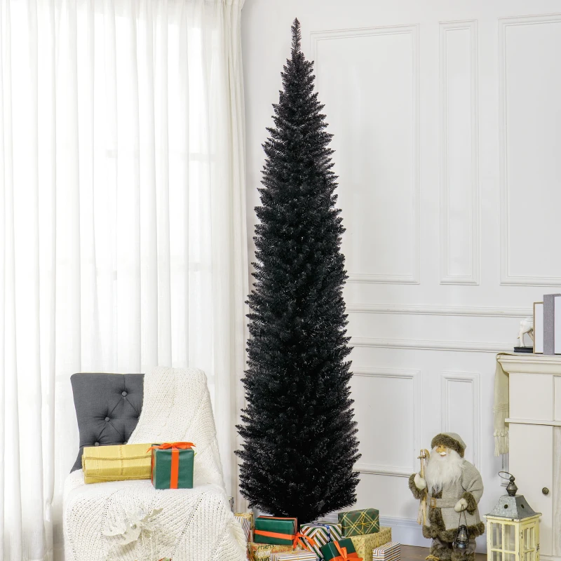HOMCOM 8ft Unlit Pencil Artificial Christmas Tree with Realistic Branches and 618 Tips, Plastic Base, Black