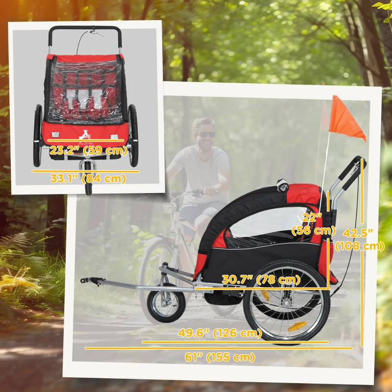 Aosom 2-in-1 Bike Trailer for Kids, Foldable 2-Seat Baby Stroller with 5-Point Harness, Rubber Wheels, Storage Bag, Red