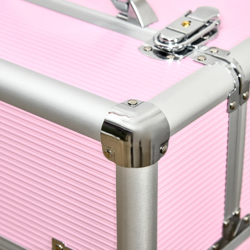 HOMCOM Rolling Makeup Train Case, Large Storage Cosmetic Trolley, Lockable Traveling Cart Trunk with Folding Trays, Swivel Wheels