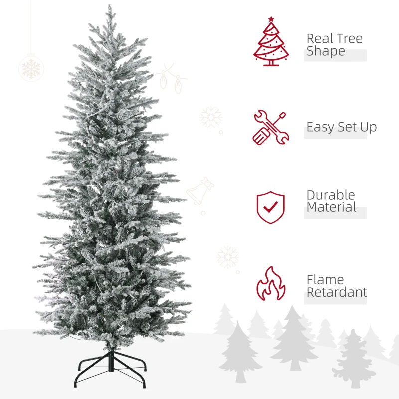 HOMCOM 6' Pre Lit Artificial Flocked Christmas Trees, with Snow Branches, Warm Yellow Clear Lights, Auto Open, Extra Bulb