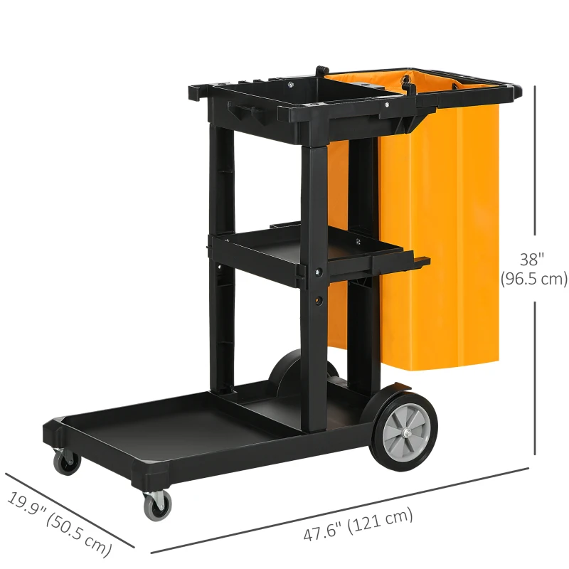HOMCOM Janitorial Cart with 3 Shelves, Cleaning Cart on Wheels with Rubbish Bag and Mop Holders for Hotel, Housekeeping, Black