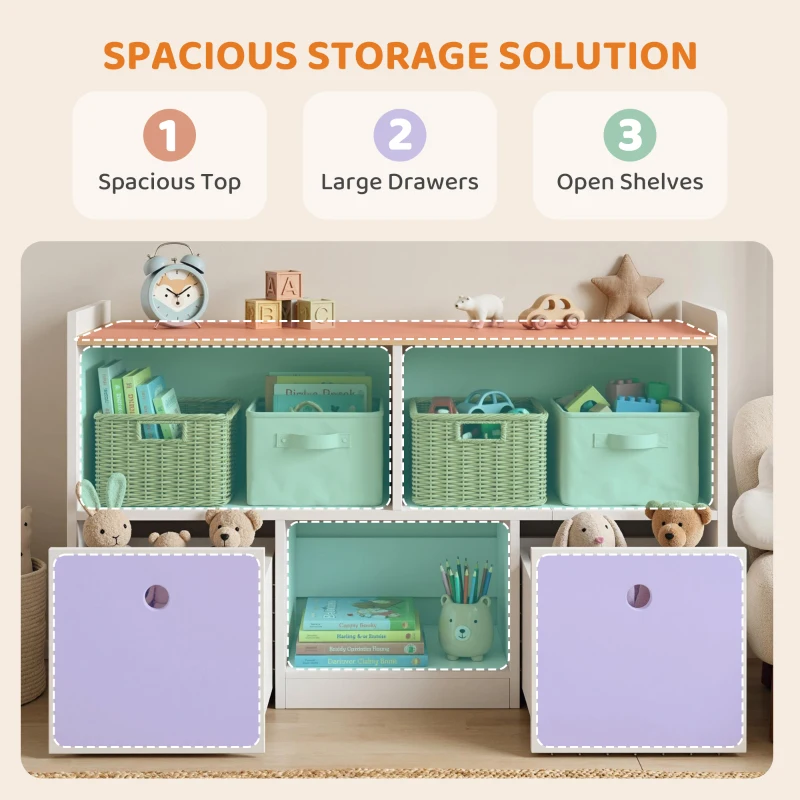 Qaba Toy Storage Organizer, Toy Organizers and Storage with 2 Movable Drawers and 3 Cubbies for Playroom, Nursery, White
