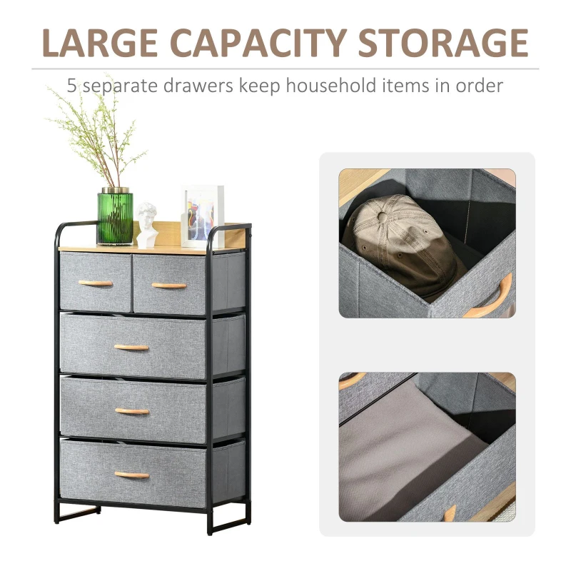 HOMCOM 5-Drawer Chest Dresser for Bedroom, 4-Tier Storage Organizer with Steel Frame, Light Gray
