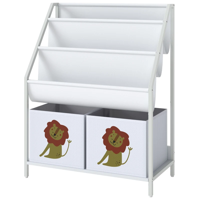 Qaba Kids Bookshelf, 3-Tier Sling Bookshelf with Toy Storage, Montessori Toy Organizer with Non-Woven Drawers for Kids Room