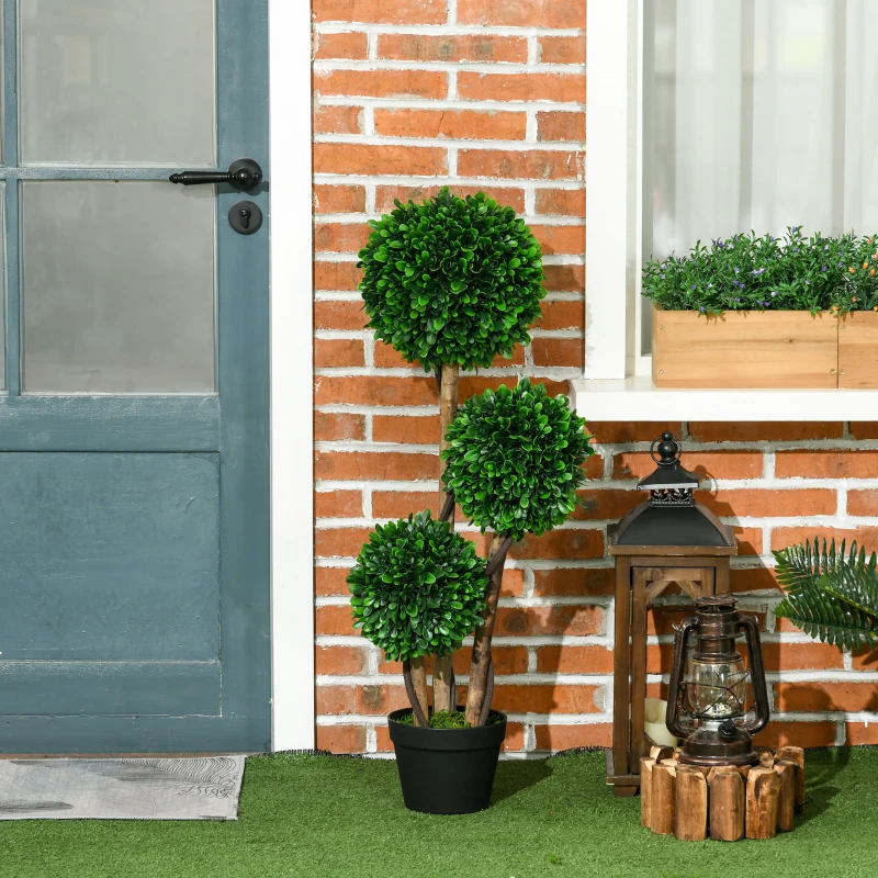HOMCOM 3ft Artificial Tree, Triple Ball Boxwood Topiary with Pot and Sandalwood Leaves, for Indoor Outdoor Home