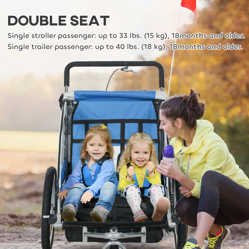 Aosom 2-in-1 Bike Trailer for Kids, Foldable 2-Seat Baby Stroller with 5-Point Harness, Rubber Wheels, Storage Bag, Blue