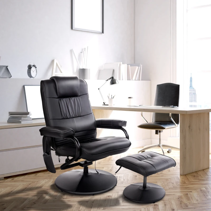 HOMCOM Massaging Faux Leather Recliner Chair and Ottoman Set, Swivel Vibration Massage Lounge Chair with Remote Control for Living Room, Bedroom, or Office, Black
