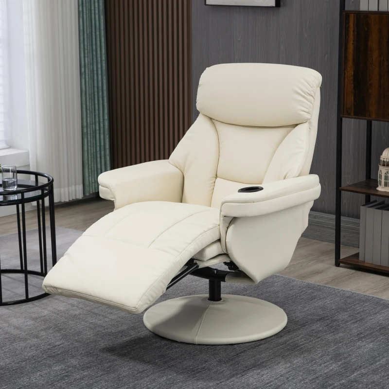 HOMCOM Manual Recliner, Swivel Lounge Armchair with Side Pocket, Footrest and Cup Holder, Cream White