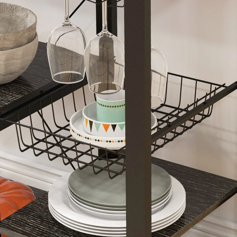 HOMCOM Industrial Kitchen Bakers Rack with Charging Station, RGB Lights, Glass Holders and Open Shelves, Gray