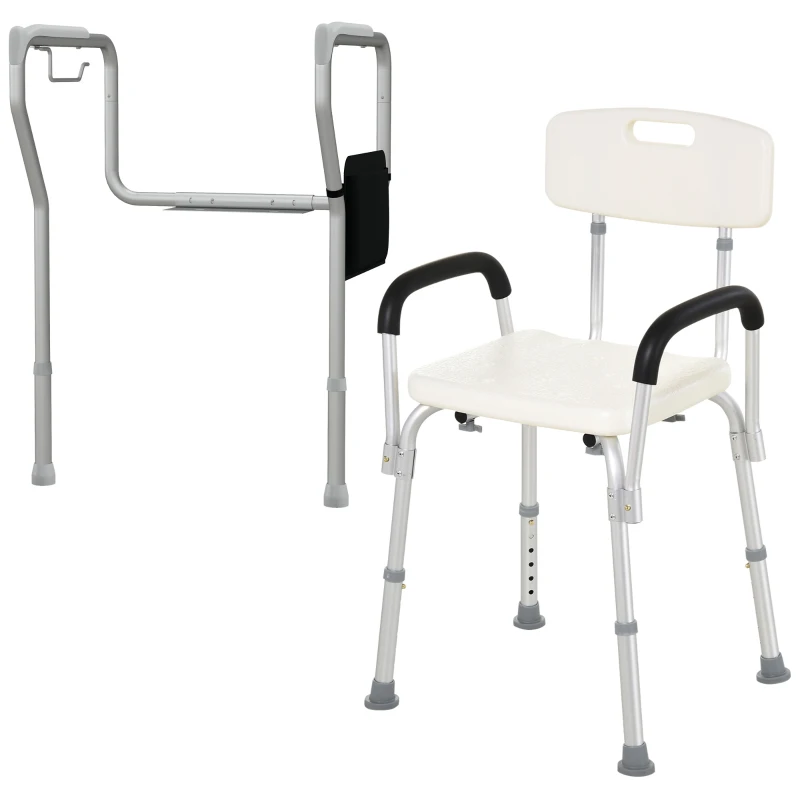 HOMCOM Shower Chair and Toilet Safety Rail Set, Height Adjustable Bath Chair, Width and Height Adjustable Toilet Rail for Seniors, Assist Grab Bar, Easy Installation
