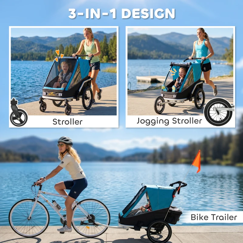 Qaba 3-in-1 Bike Trailer for Kids, Baby Stroller and Jogger, Foldable Child Bicycle Trailer with Reclining Seat, Blue