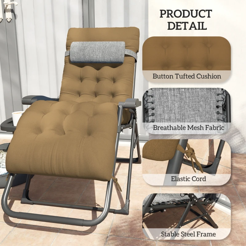 Outsunny Padded Folding Recliner Chair, Patio Lounger with Cupholder, Adjustable Backrest, Removable Cushion, Light Khaki