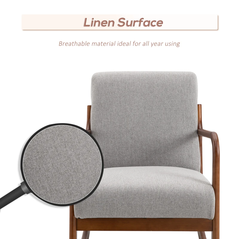 HOMCOM Upholstered Rocking Armchair with Wood Base and Linen Fabric Padded Seat for Living Room, Grey