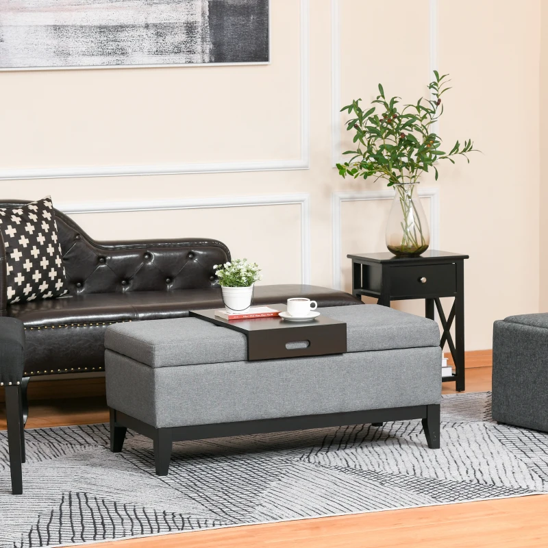 HOMCOM 42" Rectangular Storage Ottoman Bench, Linen Fabric Coffee Table Ottoman with Removable Tray for Living Room, Entryway, or Bedroom, Gray