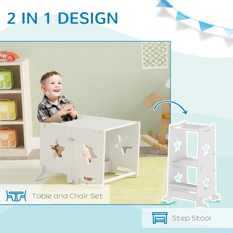 Qaba 2 in 1 Toddler Tower with Safety Rail for Bathroom, Sink, Kitchen or Counter, White