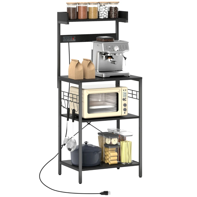 HOMCOM Kitchen Baker's Rack with Power Outlet, Coffee Bar Station with Adjustable Shelves and Hooks, Distressed Black