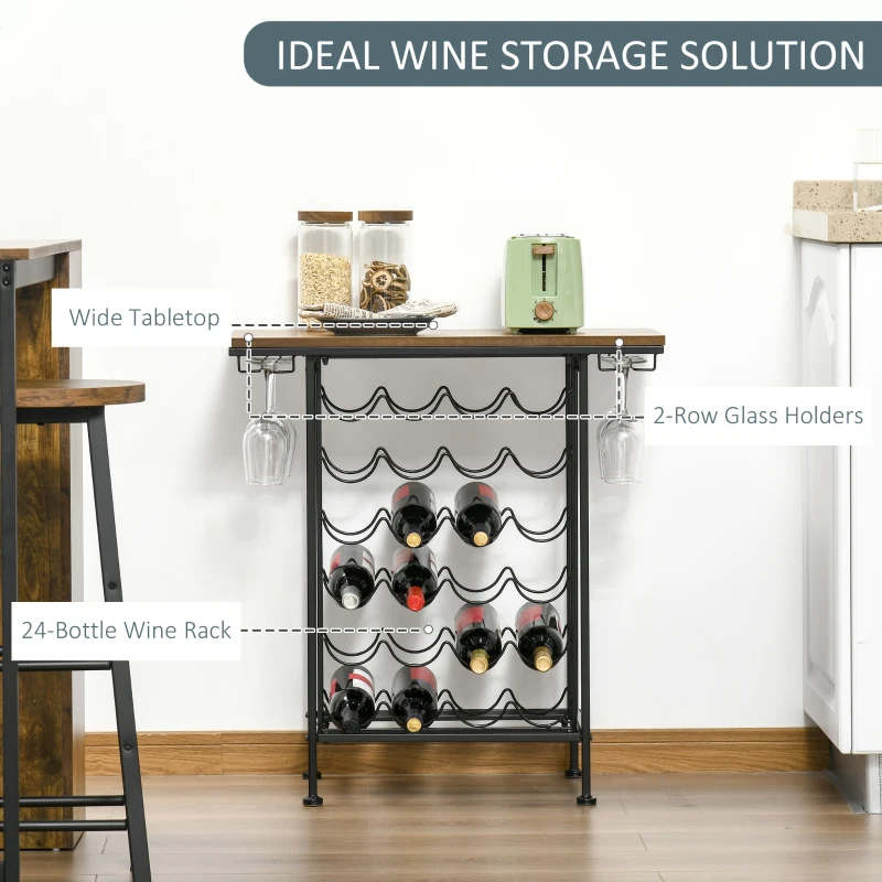 HOMCOM 24-Bottle Industrial Modern Wine Rack Table, Freestanding 6 Tier Wine Bottle Organizer with Glass Stemware Holder , Natural / Black