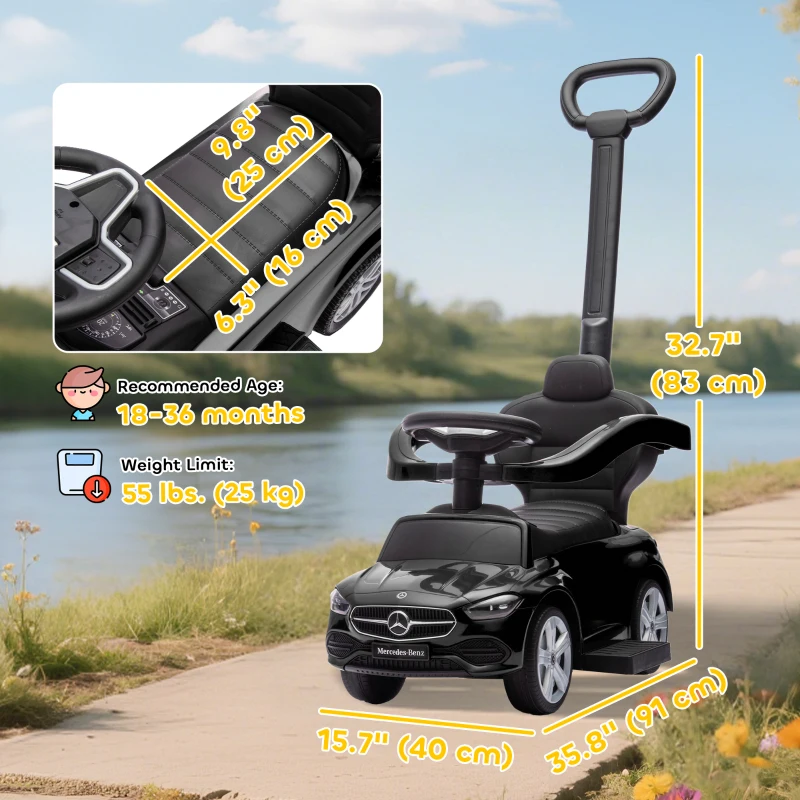 Qaba Licensed Mercedes-Benz Push Car for Toddlers, 2-in-1 Sliding Walking Car with Push Handle, Horn, Guardrail, Black