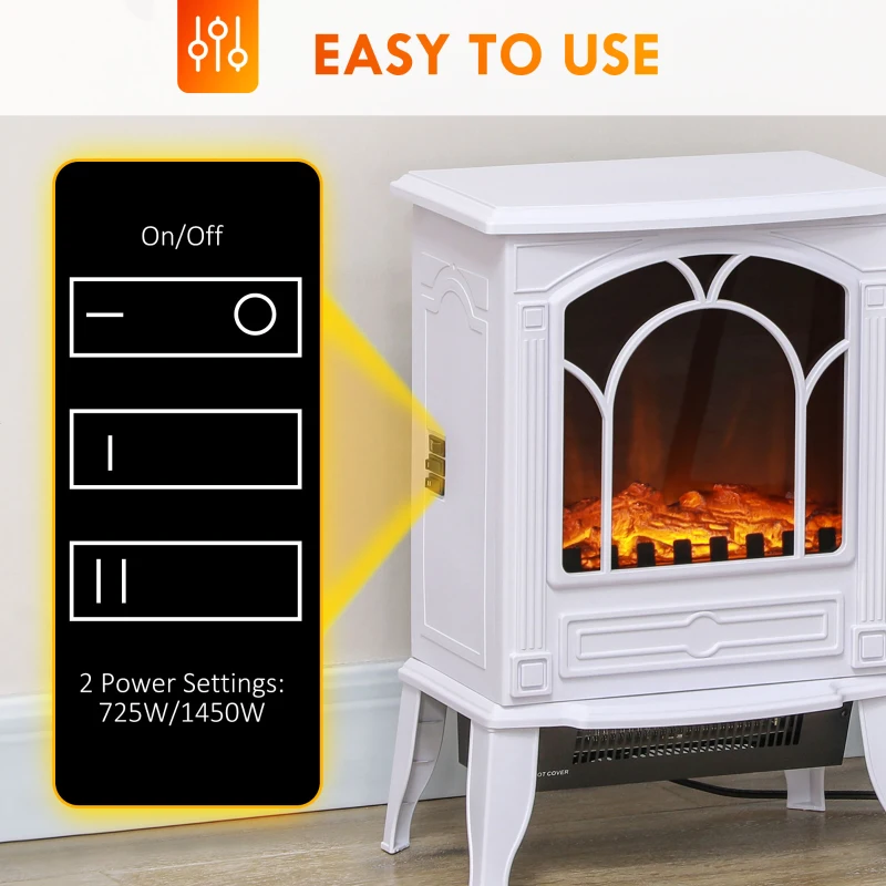 HOMCOM Electric Fireplace Heater, Freestanding Fireplace Stove with Realistic Flame Effect Overheat Protection 725W/1450W White