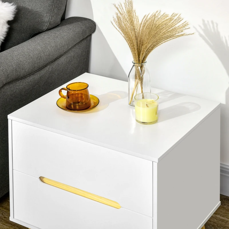 HOMCOM Nightstand, Bedside Table with 2 Drawers, Modern Side End Table with Solid Wood Legs for Bedroom, White