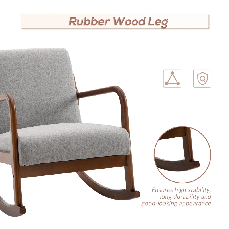 HOMCOM Upholstered Rocking Armchair with Wood Base and Linen Fabric Padded Seat for Living Room, Grey