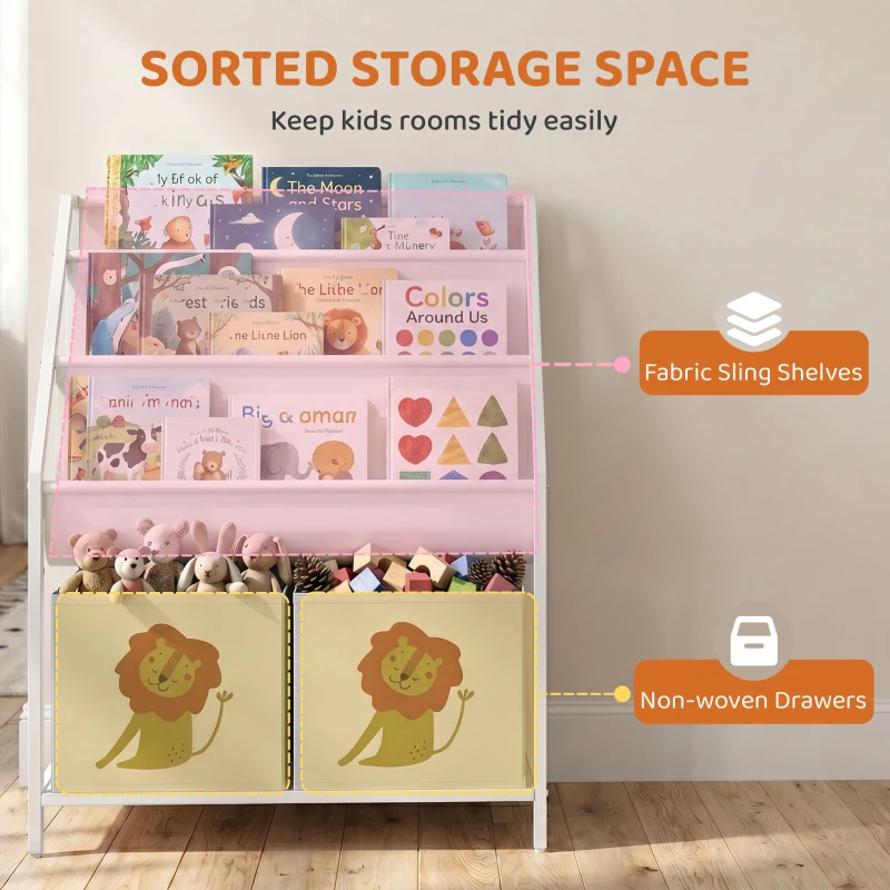 Qaba Kids Bookshelf, 3-Tier Sling Bookshelf with Toy Storage, Montessori Toy Organizer with Non-Woven Drawers for Kids Room