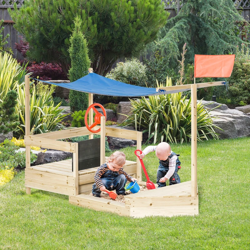 Outsunny Kids Wooden Sandbox, Covered Children Pirate Sand Boat for Outdoor, Foldable Play Station, w/ Flag, Canopy Shade, Bottom Liner, Blackboard, for 3-8 Years Old, Natural Wood