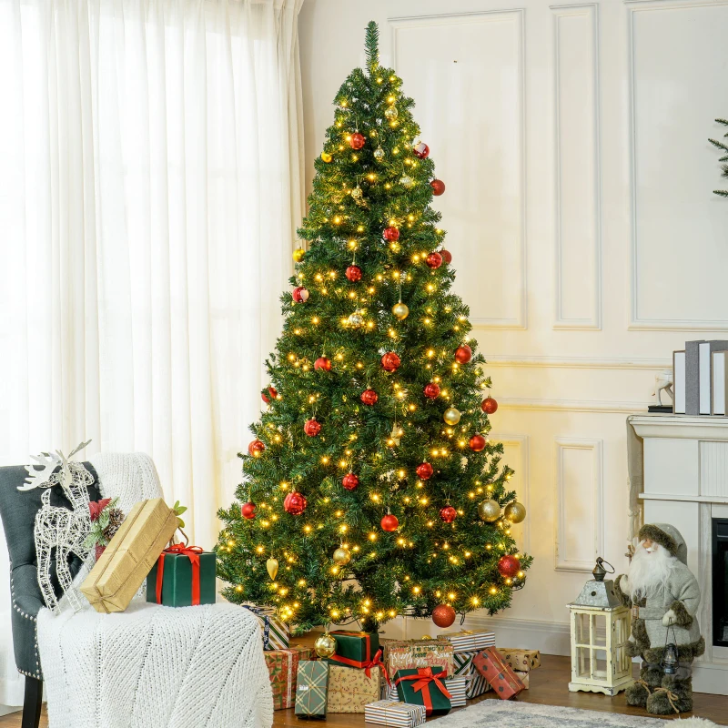 HOMCOM 7.5 FT Tall PreLit Artificial Christmas Tree with Realistic Branches, 500 Warm White LED Lights and 1346 Tips, Green