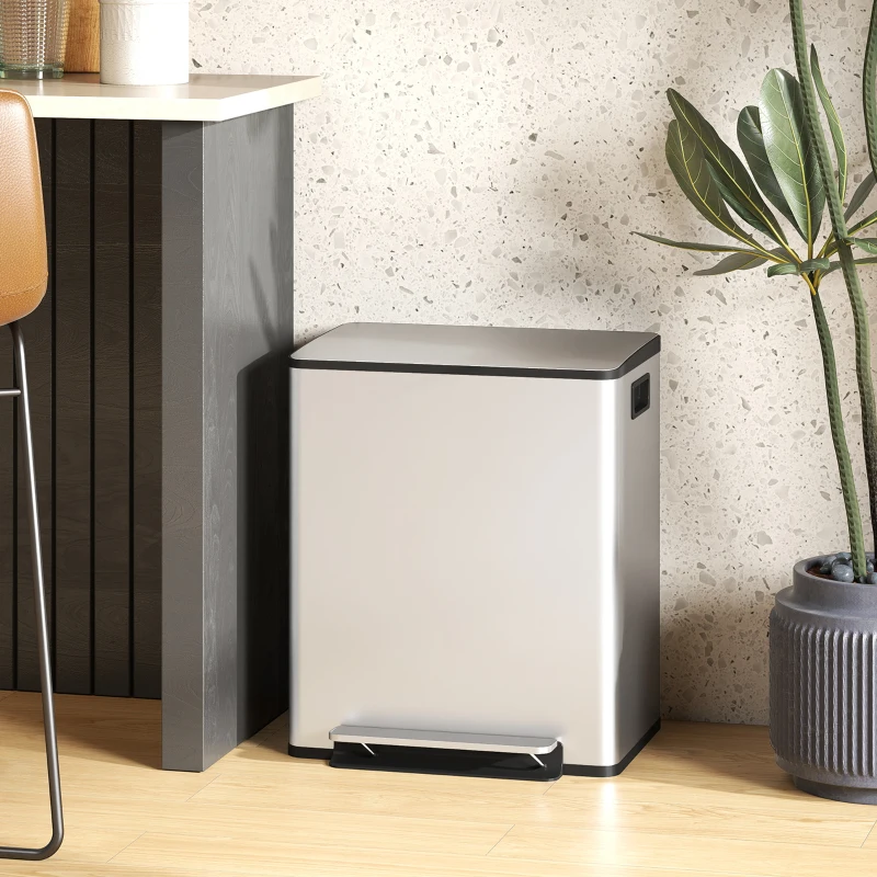 HOMCOM 2 x 6.6 Gallon Dual Trash Can with Removable Inner Buckets and Handles for Kitchen, Office, Bathroom, Silver