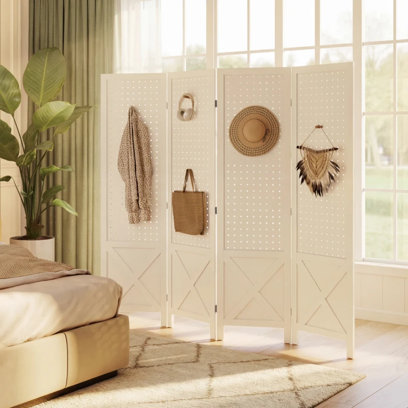 HOMCOM 56.9" 4 Panel Wooden Room Divider with Pegboard Display, Folding Privacy Screen for Home Office, White
