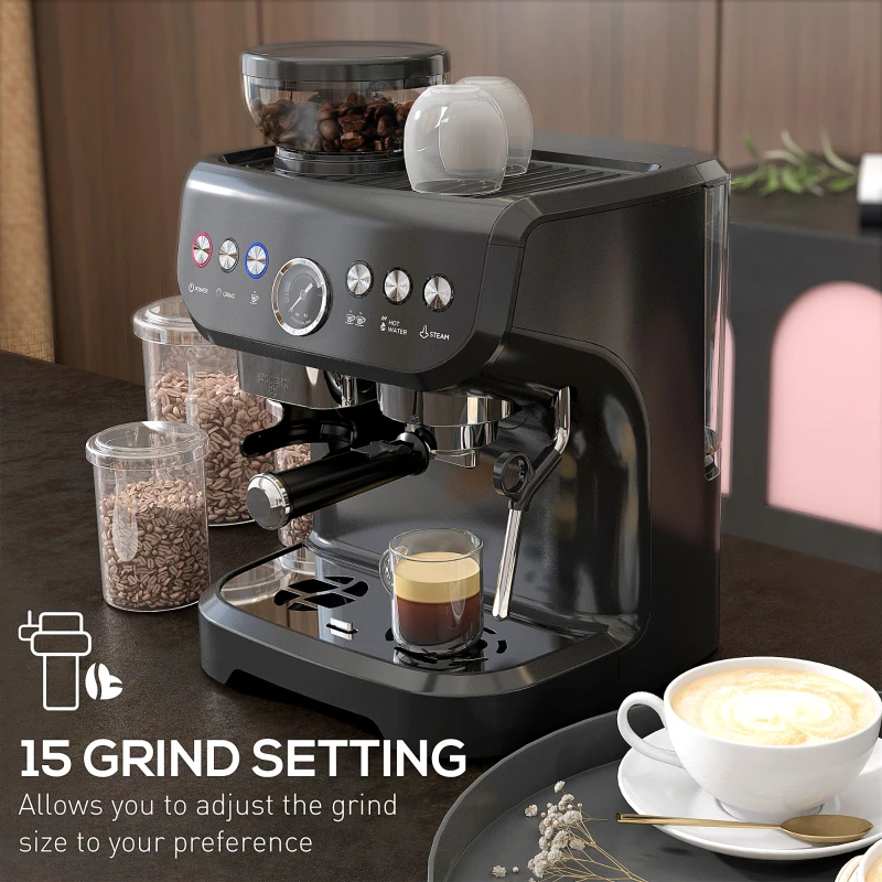 HOMCOM Espresso Machine, 15 Bar Barista Coffee Maker with Milk Frother, Fast Heating, Grinder for Espresso, Latte, Cappuccino