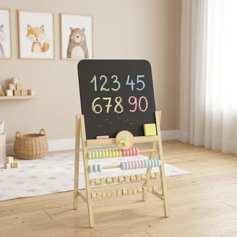 Qaba Wooden Kids Art Easel with Double-Sided Chalkboard, Clock, Abacus, Blackboard Eraser for Painting, for Ages 2+, Natural
