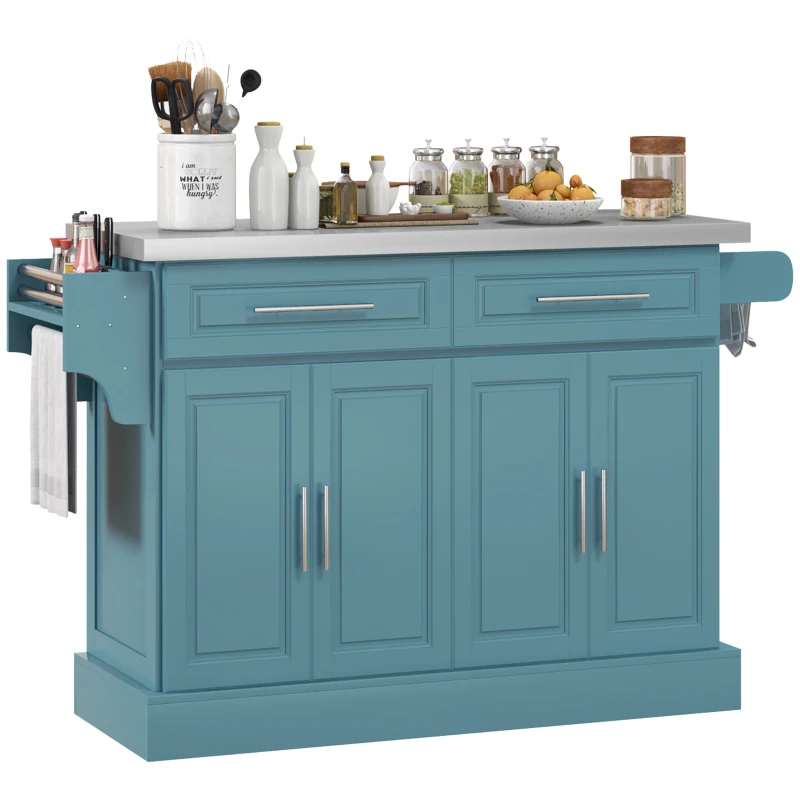 HOMCOM Rolling Kitchen Island with Stainless Steel Top, 2 Drawers, Spice, Knife and Towel Rack and Cabinets, Teal Blue
