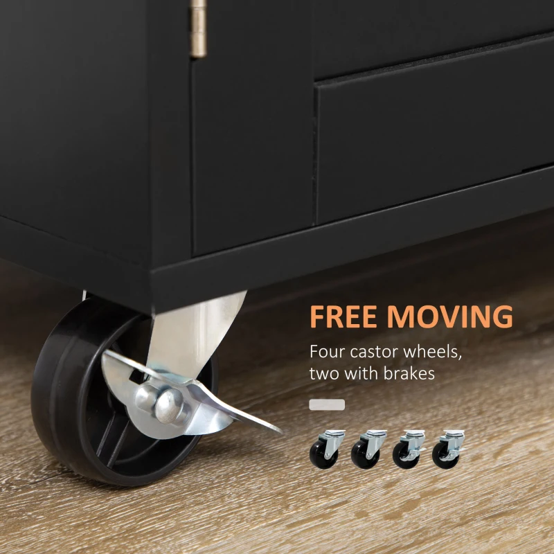HOMCOM Kitchen Island with Storage, Rolling Cart Trolley with Rubberwood Top, Adjustable Shelf, Drawer, Spice Rack, Black