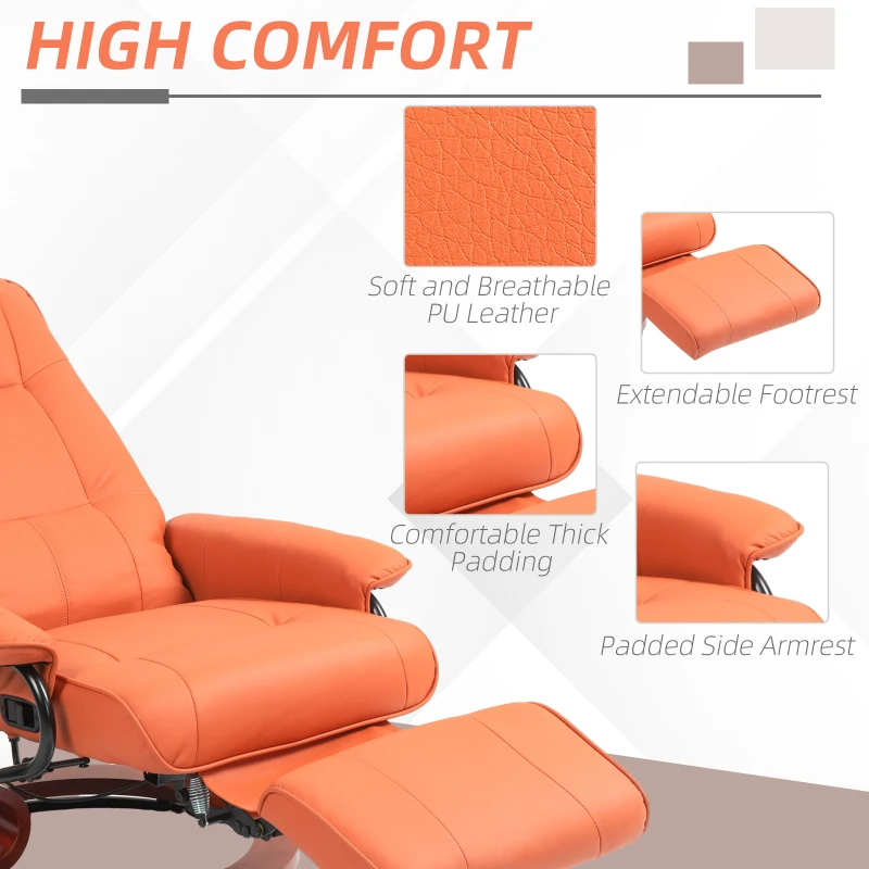 HOMCOM Air Leather Manual Recliner, Adjustable Swivel Lounge Chair with Footrest, Armrest and Wrapped Wood Base, Orange