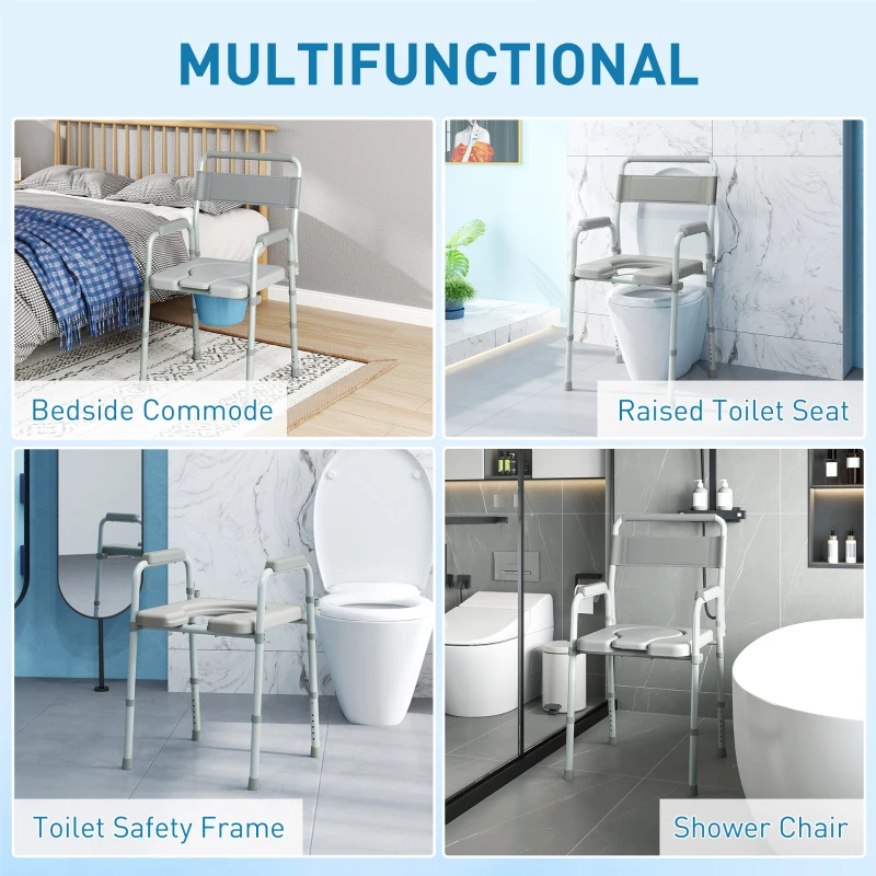 HOMCOM Bedside Commode Chair for Seniors, Adults, Handicap, Raised Toilet Seat with Arm, Adjustable Height, 331 lbs, Gray