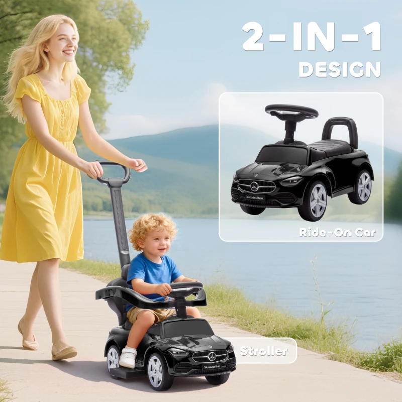 Qaba Licensed Mercedes-Benz Push Car for Toddlers, 2-in-1 Sliding Walking Car with Push Handle, Horn, Guardrail, Black