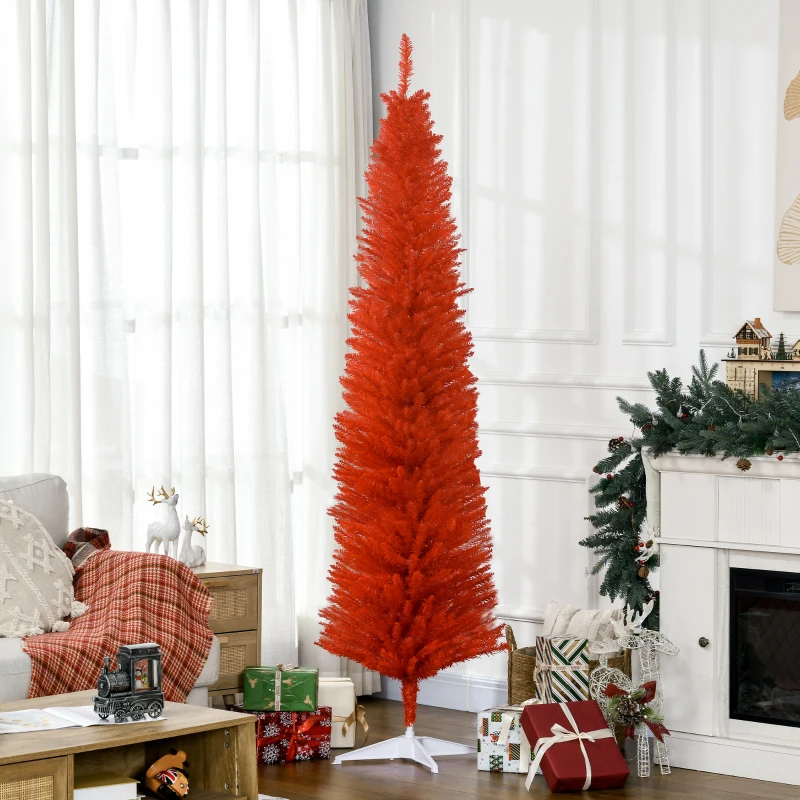 HOMCOM 7ft Unlit Pencil Artificial Christmas Tree with Realistic Branches and 499 Tips, Plastic Base, Red