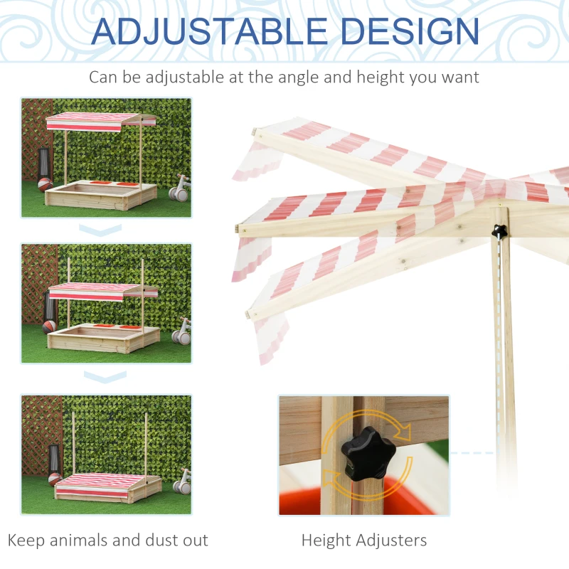 Outsunny Kids Wooden Sandbox Outdoor Children Sand Playset w/ Adjustable Canopy Shade, Bottom Liner, Seat, Plastic Basin, for 3-8 Years Old Boys and Girls