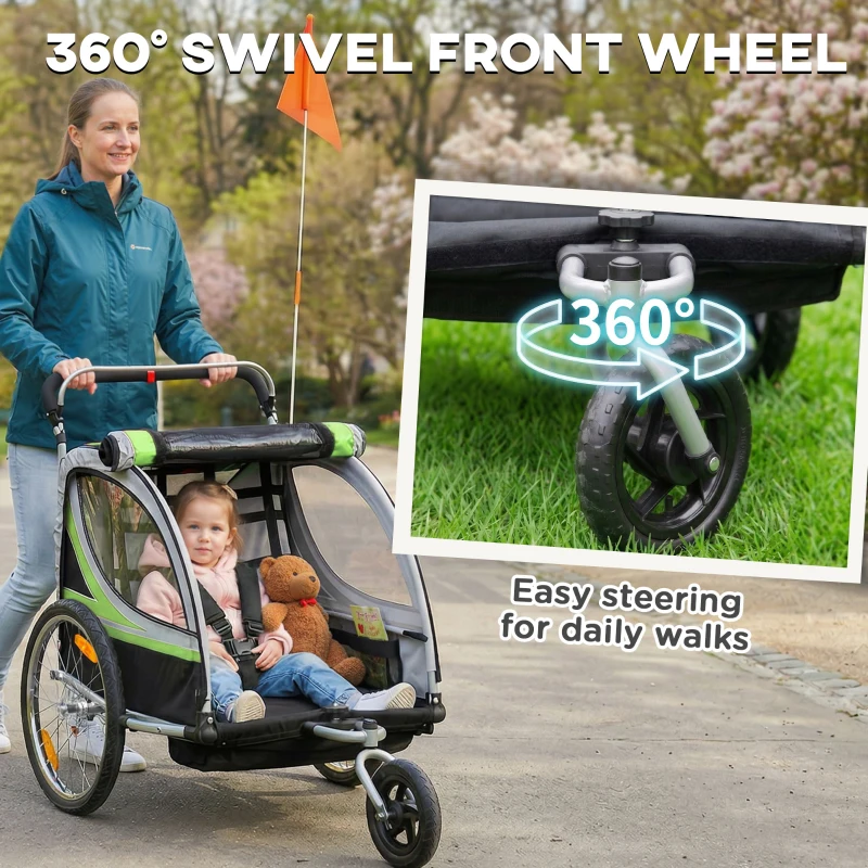 Aosom 2 Seat Bike Trailer for Kids 2-in-1 Double Baby Stroller with Handbrake, Rubber Wheels, 5 Point Harness, Waterproof Cover, Storage Bag, Reflectors, Green