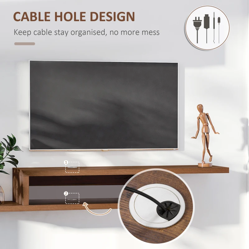 HOMCOM Wall Mounted Media Console, Floating Stand Component Shelf, Entertainment Center Unit, Walnut