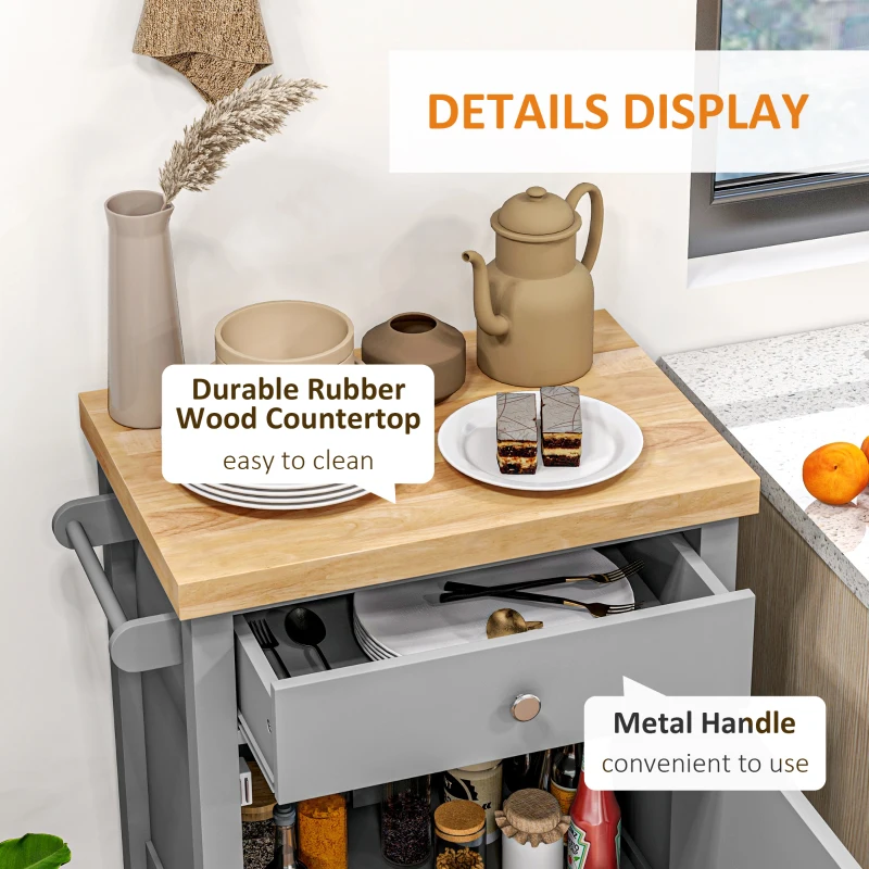 HOMCOM Kitchen Cart on Wheels, Rolling Kitchen Island Cart with Wood Top, Towel Rack, Drawer and Shelf for Dining Area, Grey
