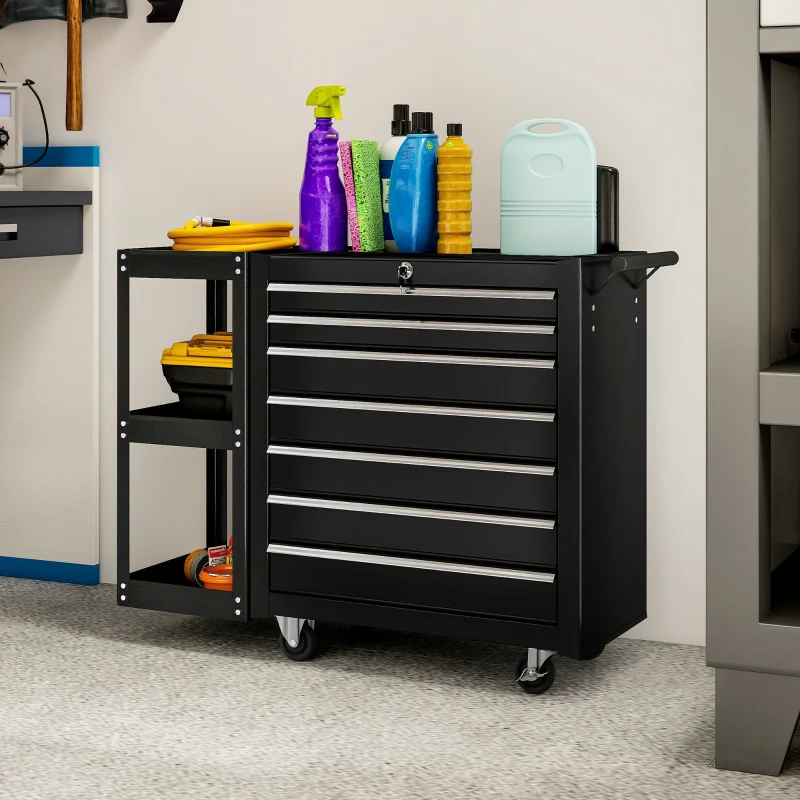 HOMCOM 7-Drawer Rolling Tool Chest with Detachable Side Shelf, Lockable Tool Cabinet Box Organizer with Wheels, Black