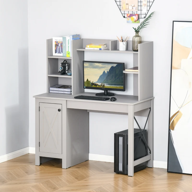 HOMCOM Computer Desk W/ Hutch, Home Office Desk W/ Storage Cabinet, Light Grey