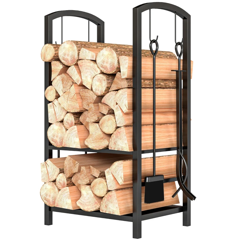Outsunny 2-Tier Firewood Log Rack with 4 Tools, Fireplace Wood Storage Holder with Shovel, Broom, Poker, Tongs and Hooks, Black
