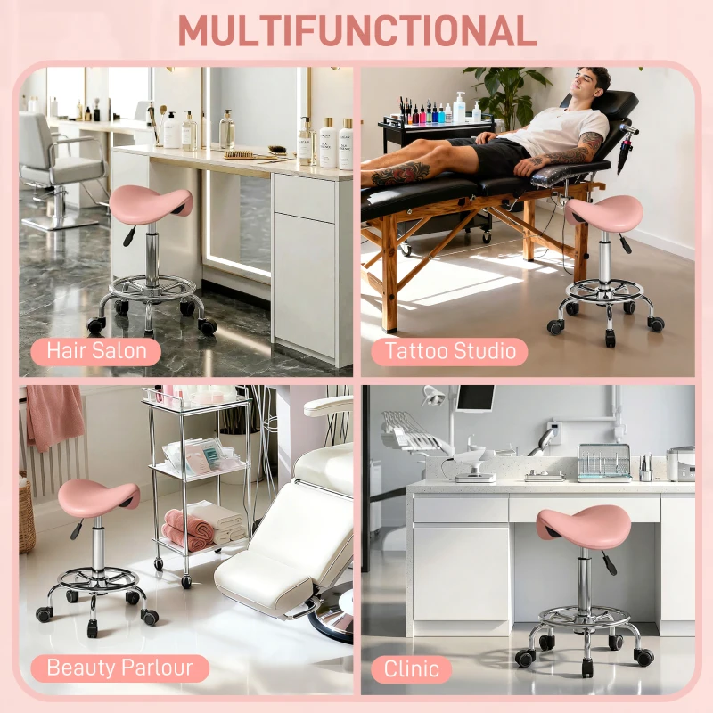 HOMCOM Saddle Stool, PU Leather Adjustable Rolling Salon Chair, Pink