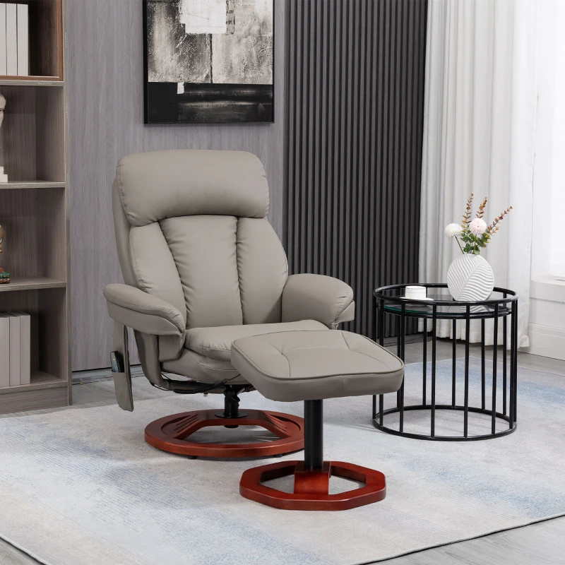 HOMCOM Recliner Chair with Ottoman, Electric Faux Leather Recliner with 10 Vibration Points and 5 Massage Mode, Swivel Reclining Chair with Wood Base, Remote Control and Side Pocket, Grey