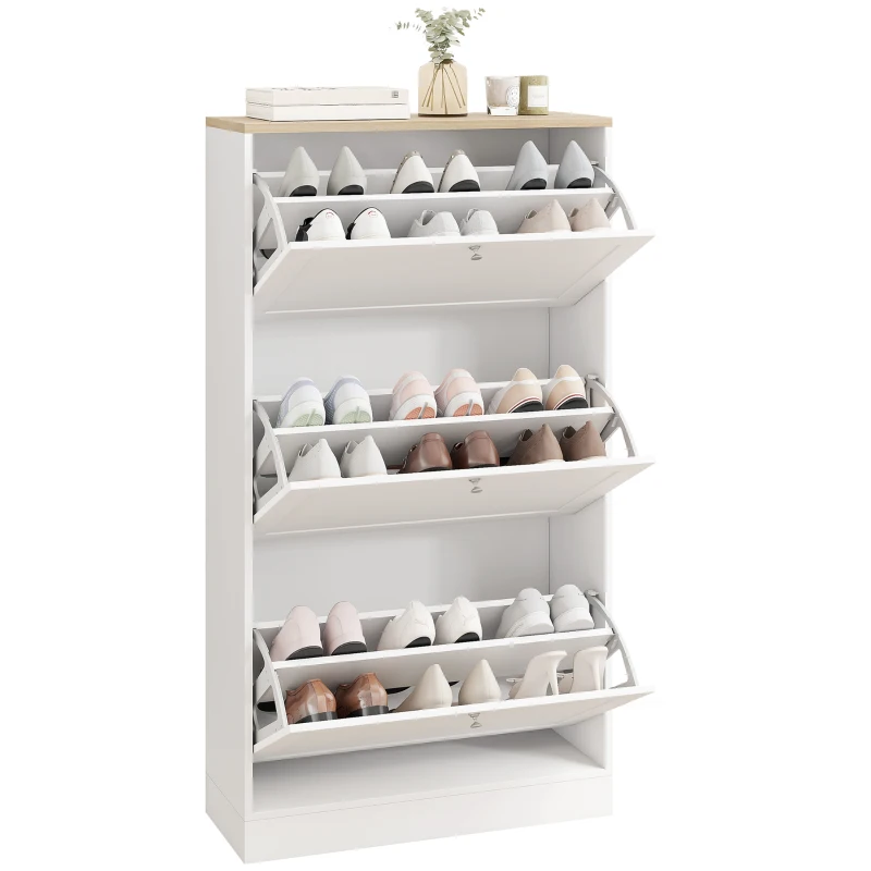 HOMCOM Modern Shoe Storage Cabinet with 3 Flip Drawers and Adjustable Shelves for 12-18 Pairs of Shoes, White