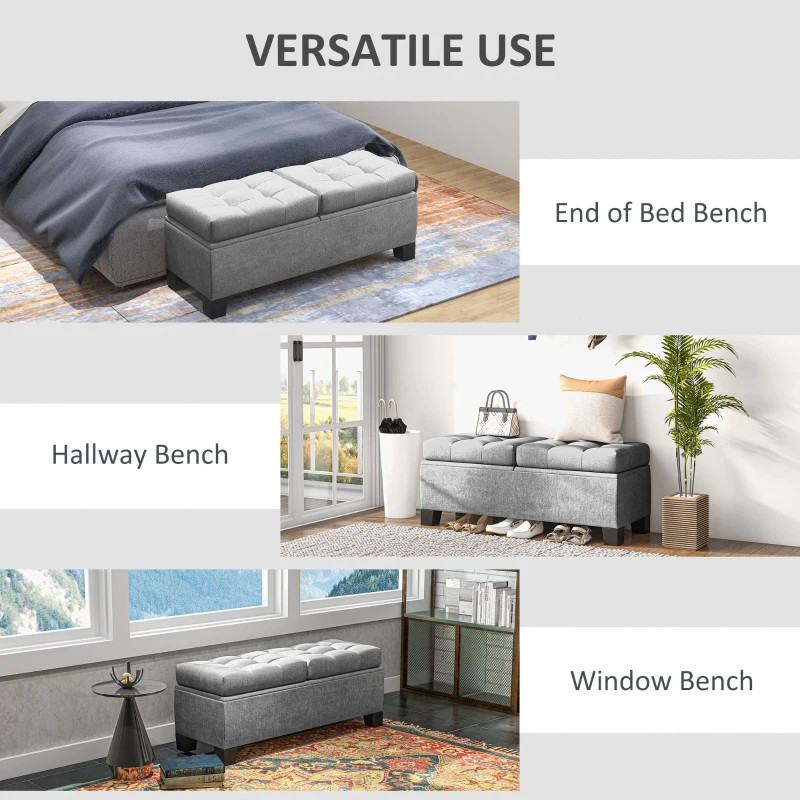 HOMCOM 46" Storage Ottoman Bench, Upholstered End of Bed Bench with Steel Frame, Button Tufted Storage Bench with Safety Hinges for Living Room, Entryway, Bedroom, Gray