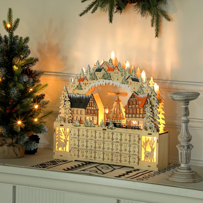 HOMCOM Wooden Christmas Advent Calendar with 24 Fillable Countdown Drawers and LED Lights, Battery Operated